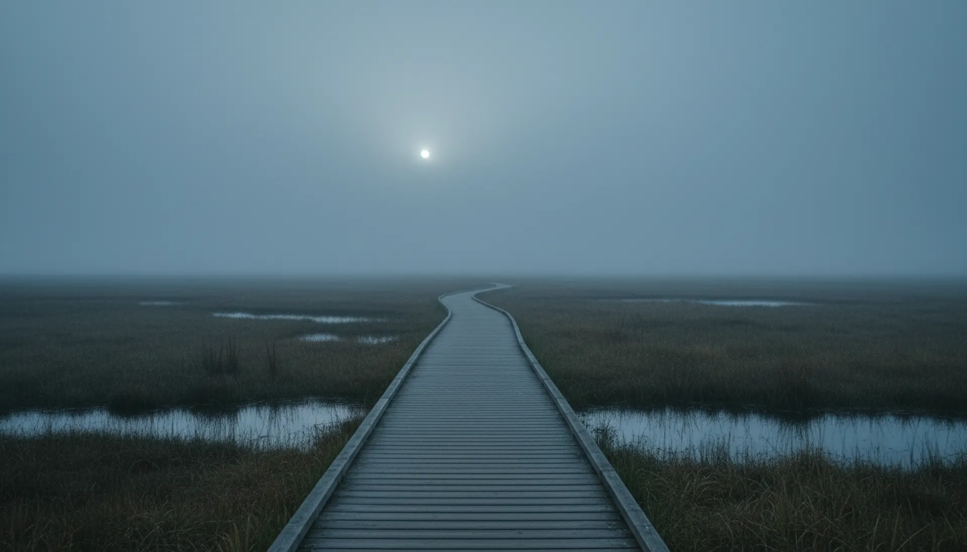 Træsti gennem morgendis på Amager Fælled